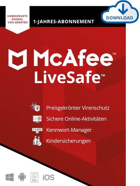 McAfee LiveSafe, unlimited (bis zu 50 Geräte) 1 Jahr, ESD Lizenz Download KEY