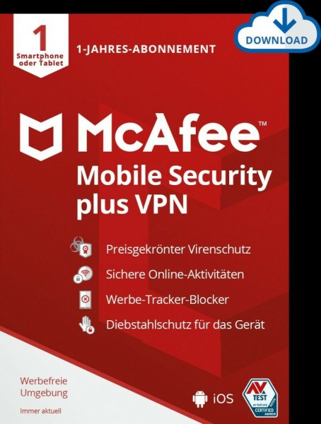 McAfee Mobile Security Plus VPN (2022/2023) 1Gerät (Android or iOS) 1Jahr, Download