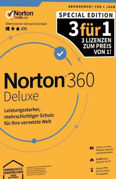 NORTON 360 DELUXE 3für1 3 Geräte / 1 Jahr inkl. 25GB, KEIN ABO, ESD Download KEY